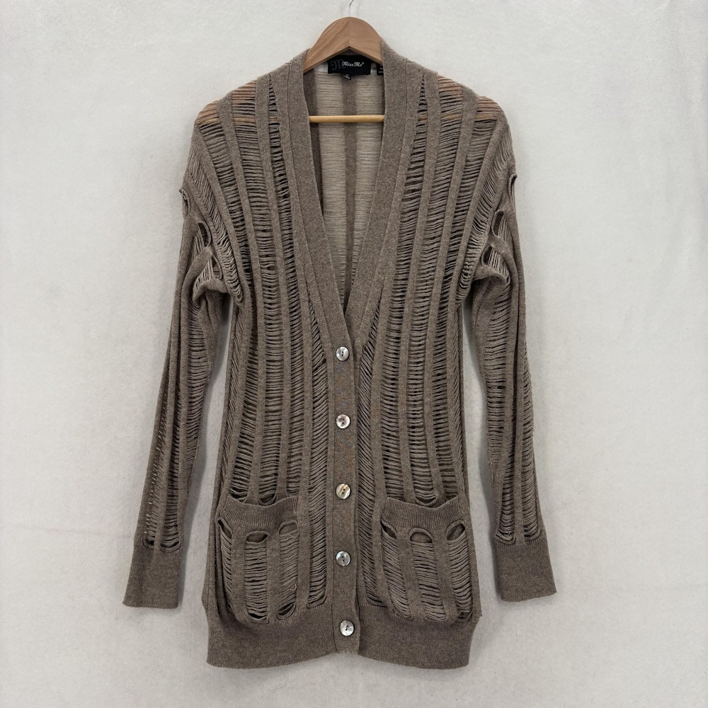 Miss Me Cardigan Sweater Womens Large Brown Sheer Ladder Open Knit Button Up Y2K